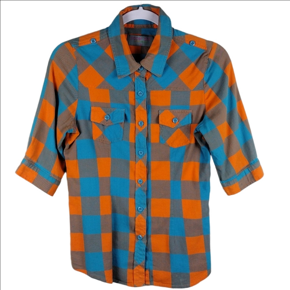 Paper Doll Orange Blue Plaid Pointed Collar Short Sleeve Button Down Shirt Top